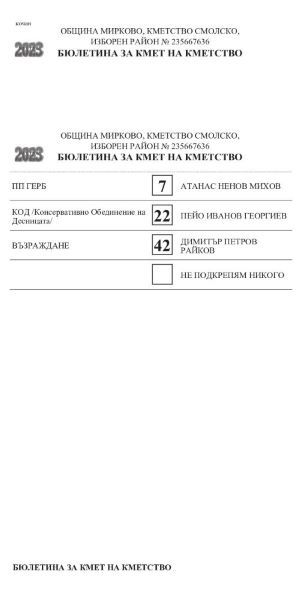 Бюлетина за избор на кмет на кметство - Кметство Смолско